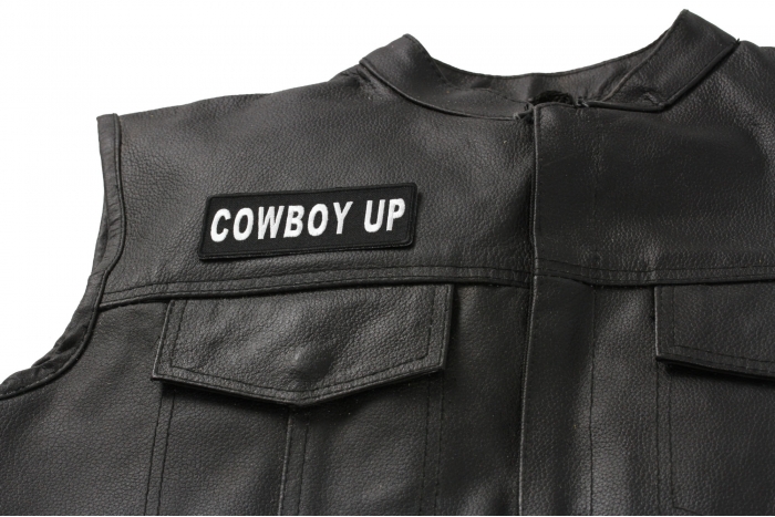 Cowboy Up Patch - Iron on Patch - 4x1.5 inch shown on leather vest