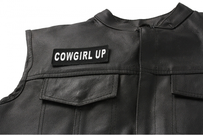 Cowgirl Up Patch - Iron on Patch - 4x1.5 inch shown on leather vest