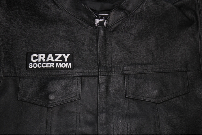 Crazy Soccer Mom Patch shown on leather vest
