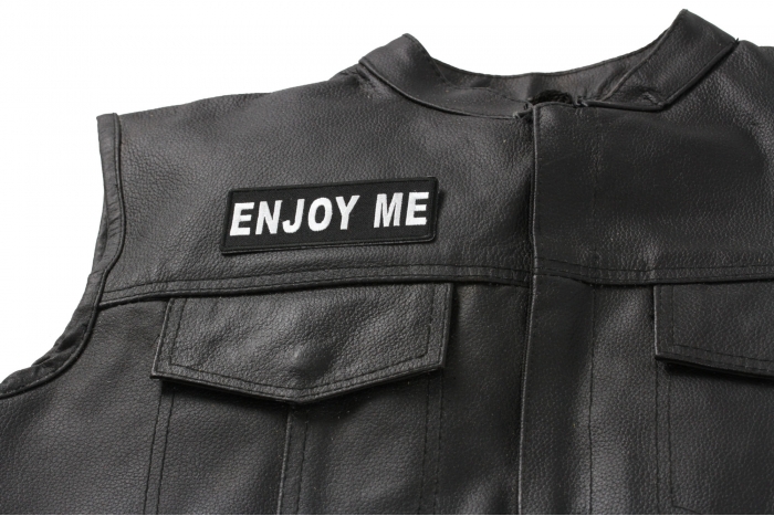 Enjoy Me Patch - Iron on Patch - 4x1.5 inch shown on leather vest