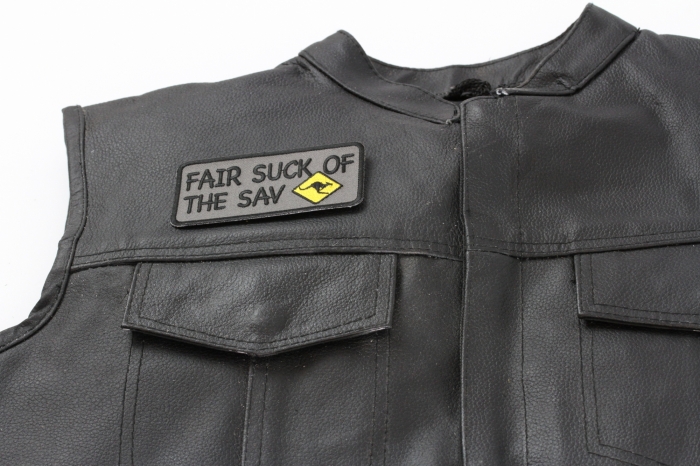 Fair Suck Of The Sav Aussie Saying Patch - Iron on Patch - 4x2 inch shown on leather vest