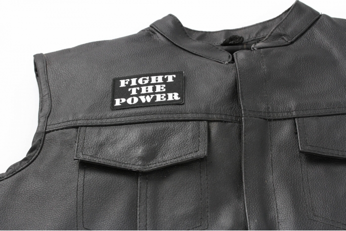 Fight The POWer Patch - Iron on Patch - 3x2 inch shown on leather vest