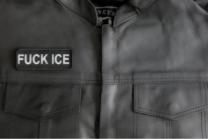 Fuck Ice Patch shown on leather vest