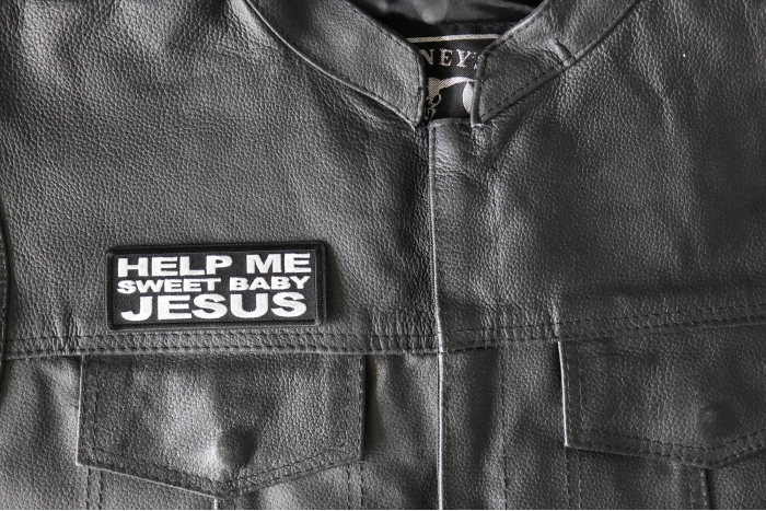 Help me Sweet Baby Jesus Patch, Funny Saying Patches, Sew or Iron on Patch shown on leather vest