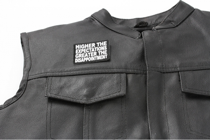 Higher Expectations Patch - Iron on Patch - 2.5x2 inch shown on leather vest