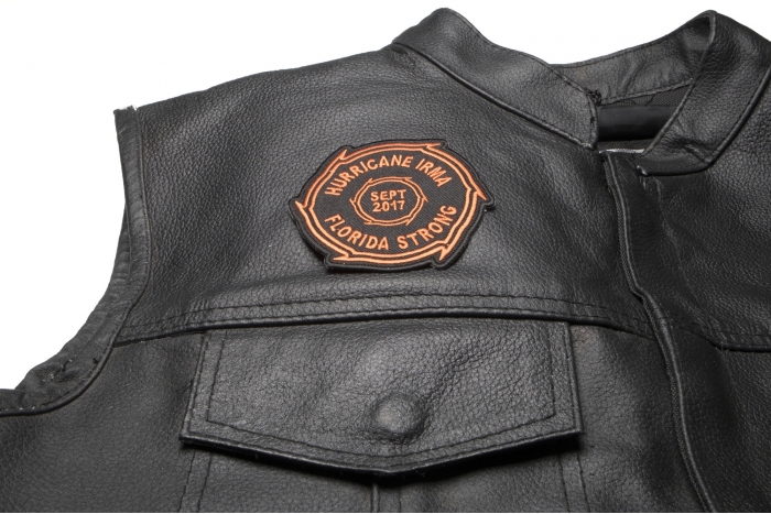 Hurricane Irma Florida Strong Patch - Iron on Patch - 3x3 inch shown on leather vest