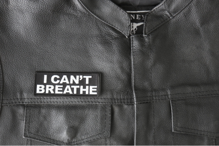 I Can't Breathe Patch - 4x1.5 inch - Embroidered Iron on Patch shown on leather vest