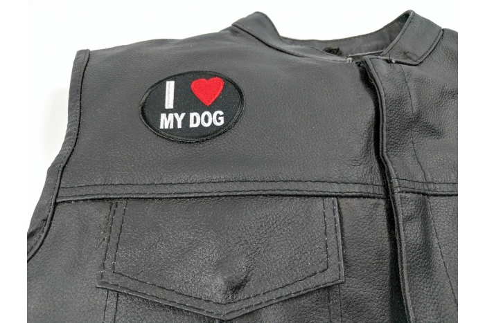 I Love My Dog Patch - 3x2 inch. Embroidered Iron on Patch shown on leather vest