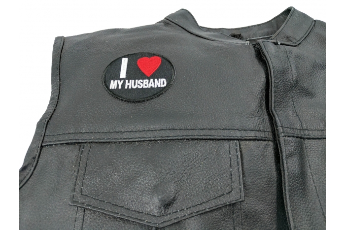 I Love My Husband Patch - 2.75x2.25 in. Embroidered Iron on Patch shown on leather vest