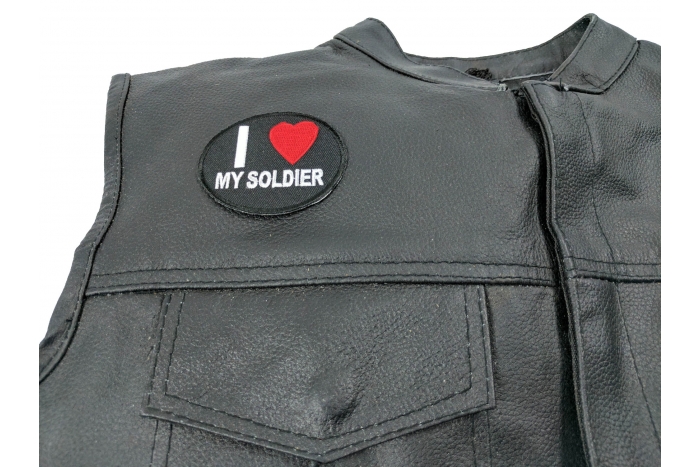 I Love My Soldier Patch - 2.75x2.25 inch. Embroidered Iron on Patch shown on leather vest