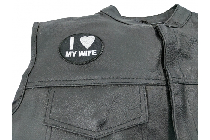 I Love My Wife Patch - 2.75x2.25 in. Embroidered Iron on Patch shown on leather vest