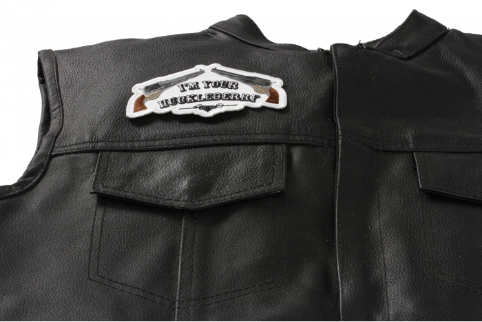 I'm Your Huckleberry Patch - 4.5x2.4 inch. Embroidered Iron on Patch shown on leather vest