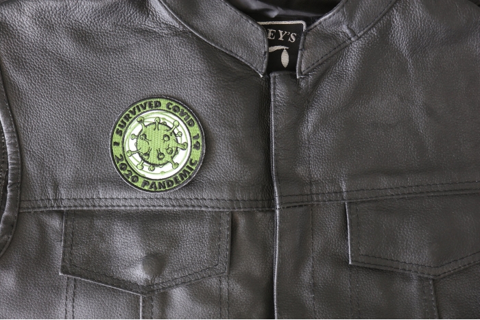 I survived covid 19 Iron on Corona Virus Patch - 3x3 inch - Embroidered Iron on Patch shown on leather vest