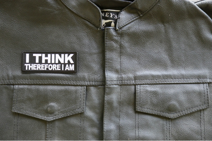 I think therefore I am Patch, Funny Saying Patches, Sew or Iron on Patch shown on leather vest
