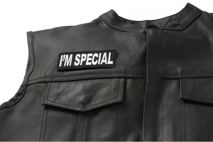 I'm Special Patch - 4x1.5 inch shown on leather vest