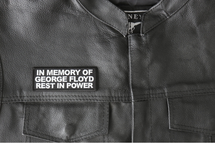In Memory of George Floyd Rest in Power Patch - 4x1.5 inch - Embroidered Iron on Patch shown on leather vest