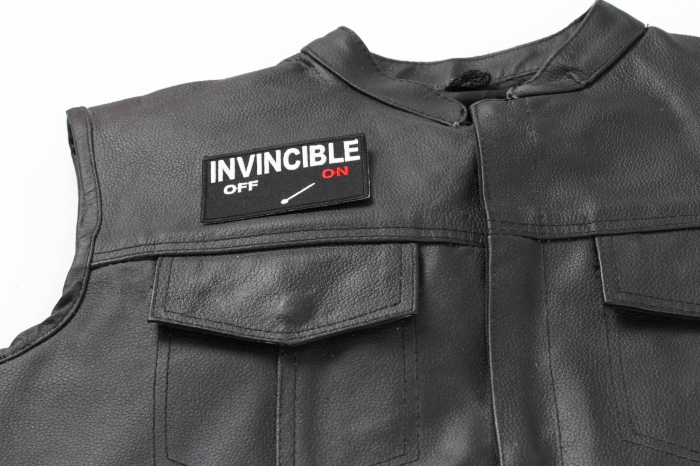 Invincible Mode On Patch - Iron on Patch - 3.5x2 inch shown on leather vest