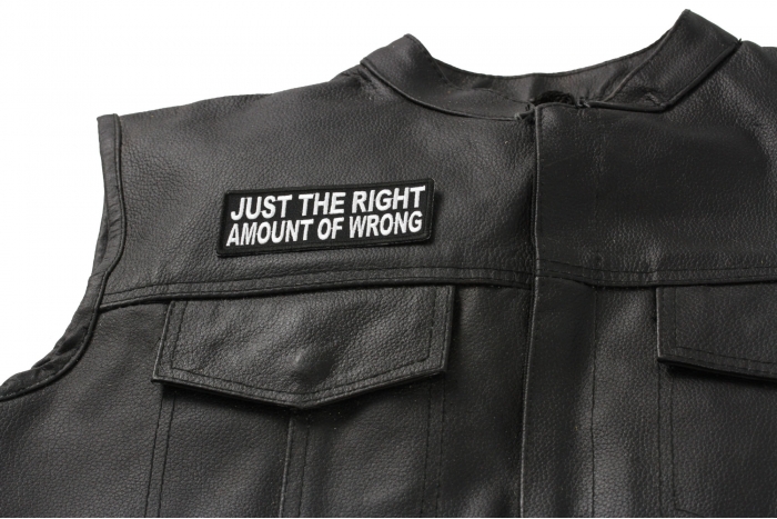 Just The Right Amount Of Wrong Patch, Funny Patches for Ladies shown on leather vest