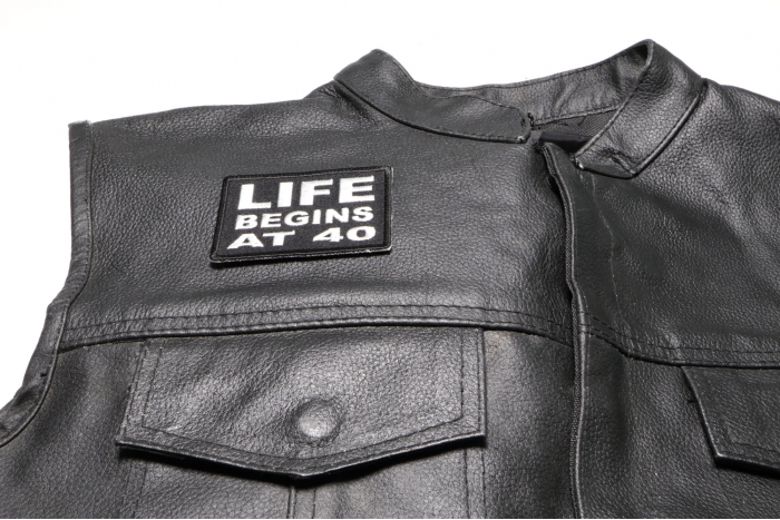 Life Begins at 40 Patch, Funny Saying Patches shown on leather vest