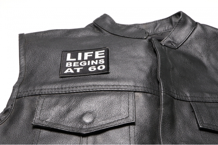 Life Begins at 60 Patch, Saying Patches shown on leather vest