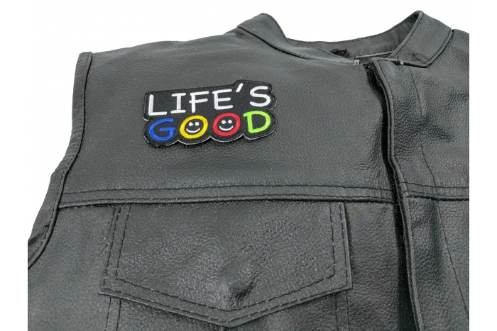 Life's Good Patch - 3.5x1.5 inch. Embroidered Iron on Patch shown on leather vest
