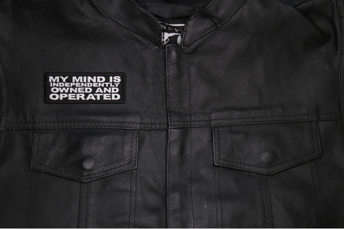 My Mind is Independently Owned and Operated Patch shown on leather vest