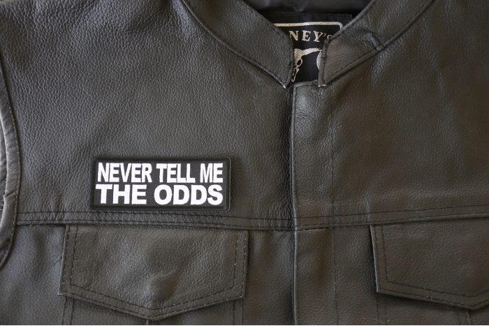 Never Tell me the Odds Patch, Biker Sayings shown on leather vest