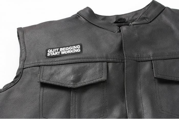 Quit Begging Start Working Patch - Iron on Patch - 3x1 inch shown on leather vest