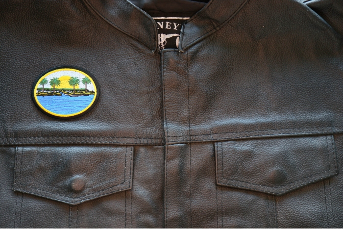 Sea and Palms Sunset Iron on Patch shown on leather vest