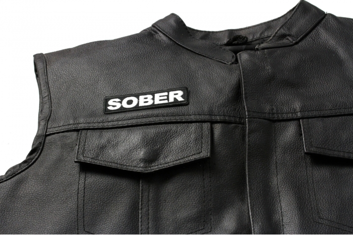 Sober Patch - 3.5x1 inch. Embroidered Iron on Patch shown on leather vest