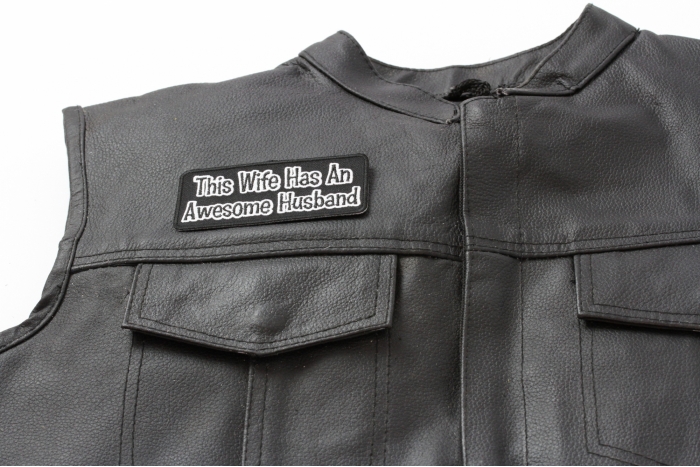 This Wife Has An Awesome Husband Patch, Funny Patches for Ladies shown on leather vest