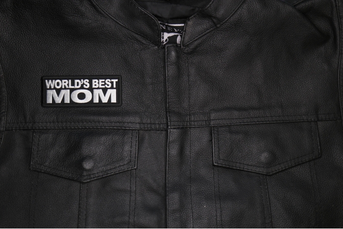 World's Best Mom Patch shown on leather vest