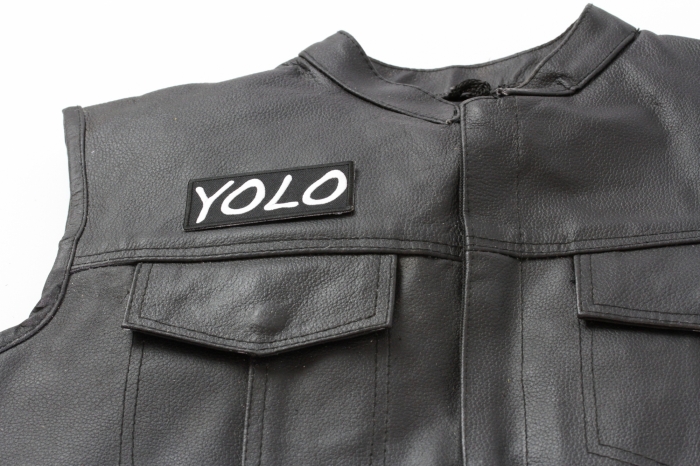 Yolo Patch, Funny Saying Patches shown on leather vest