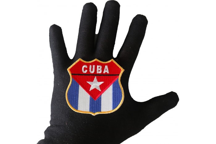 Cuba Shield Patch shown on hand for size comparison