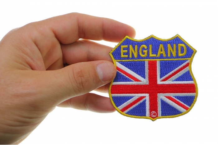 England Shield Flag Patch shown on hand for size comparison