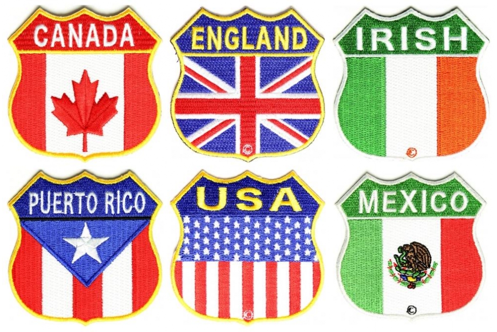 Shield Shaped Embroidered Flags Canada England Irish Mexico Puerto Rico USA Patches