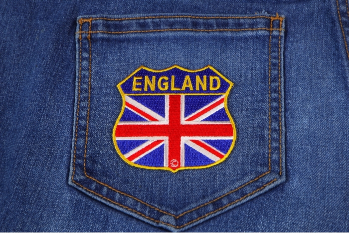 England Shield Flag Patch shown on jeans