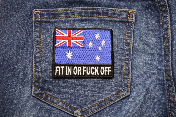 Fit In or Fuck Off Australian Flag Patch shown on jeans