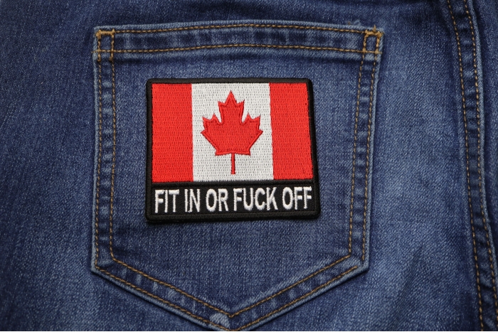 Canadian Flag Patch Fit in or Fuck Off shown on jeans