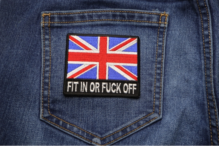 Fit It or Fuck Off British Flag Patch shown on jeans