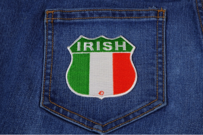 Irish Shield Flag Patch shown on jeans