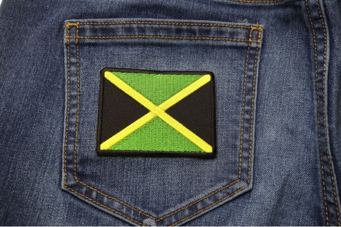 Jamaican Flag Small Patch shown on jeans
