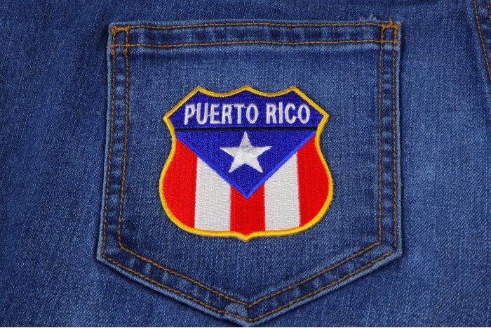 Puerto Rico Shield Flag Patch shown on jeans