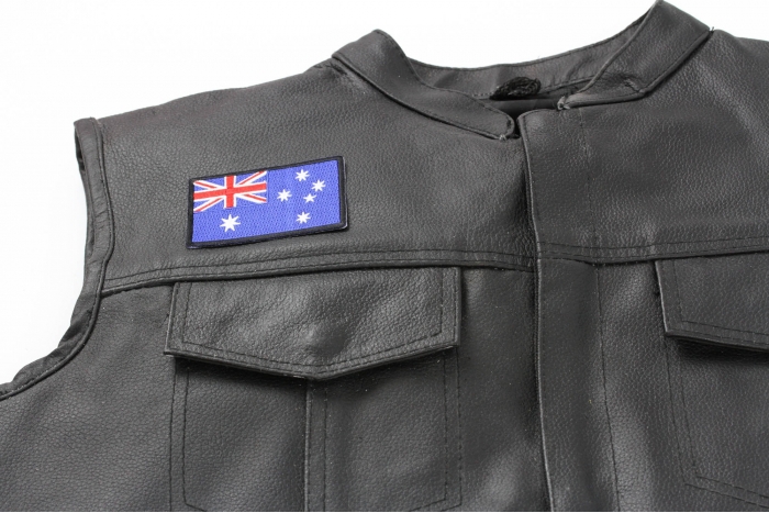 Australian Flag Patch - 3x2 inch. Embroidered Iron on Patch shown on leather vest