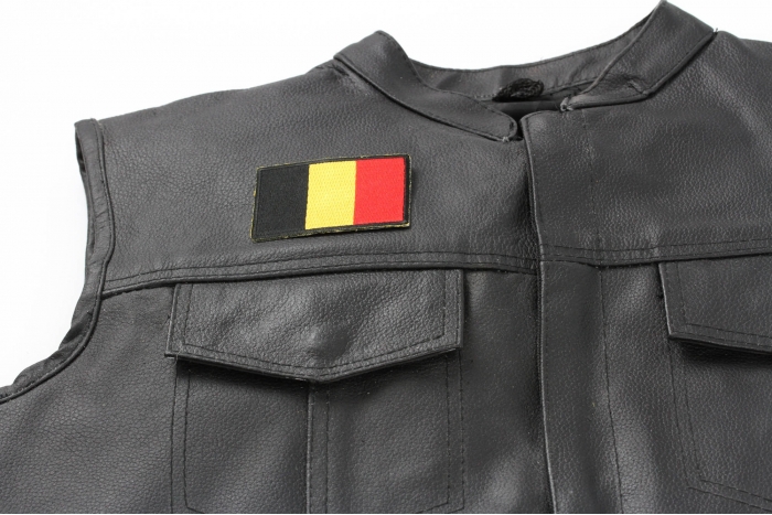 Belgium Flag Patch - Iron on Patch - 3x2 inch shown on leather vest