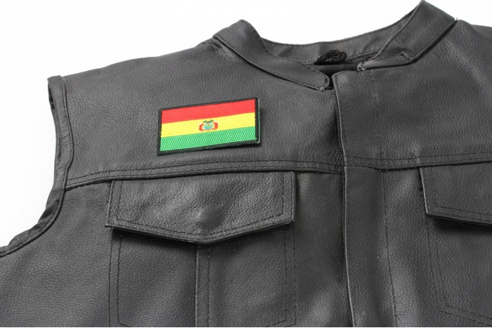 Bolivian Flag Patch - Iron on Patch - 3x2 inch shown on leather vest