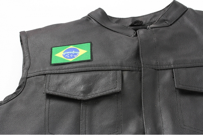 Brazil Flag Patch - 3x2 inch. Embroidered Iron on Patch shown on leather vest