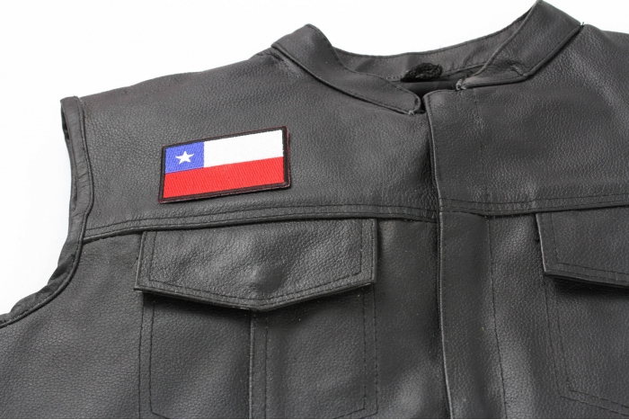 Chile Flag Patch - Iron on Patch - 3x2 inch shown on leather vest