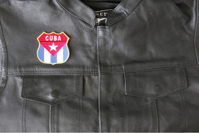 Cuba Shield Patch - 2.75x2.75 inch - Embroidered Iron on Patch shown on leather vest