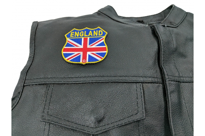 England Shield Flag Patch - 2.75x2.75 inch. Embroidered Iron on Patch shown on leather vest